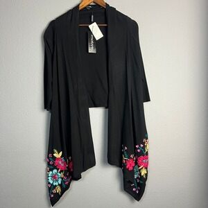 Motive Open Front Cardigan Floral Embroidered Draped Lightweight‎ Hi Low Black S